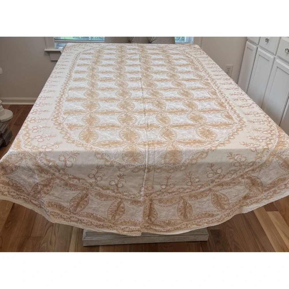 Vintage Aghabani Embroidered Orientalist Cotton Silk Tablecloth/11 Napkins 92x60
